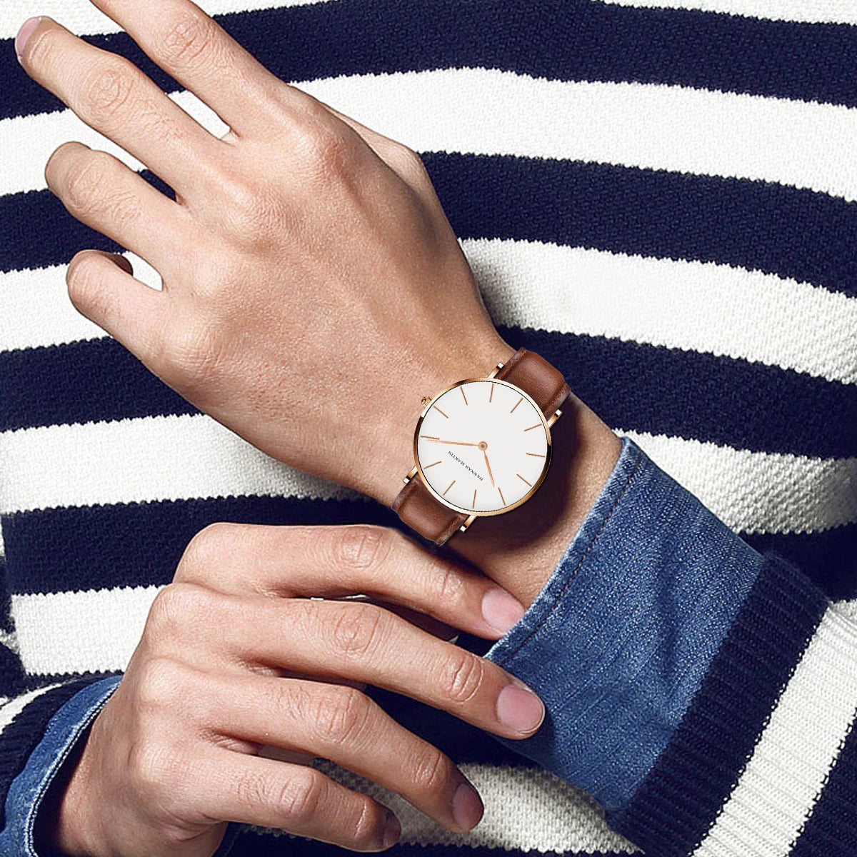 Rose Gold Dial Leather Quartz Watch